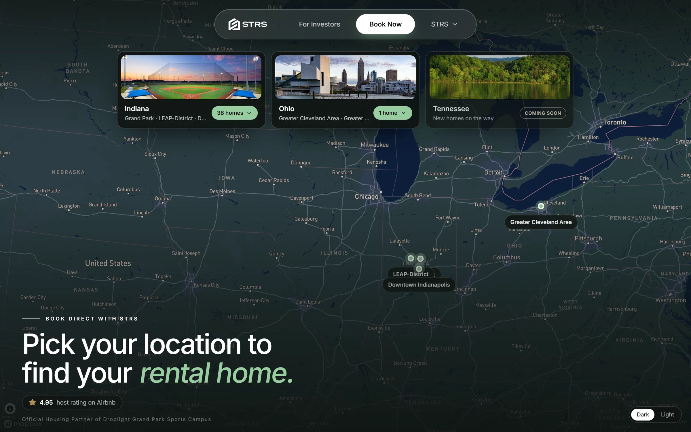 The STRS direct booking homepage: a dark map of the Midwest with Indiana, Ohio and Tennessee locations and the headline 'Pick your location to find your rental home.'